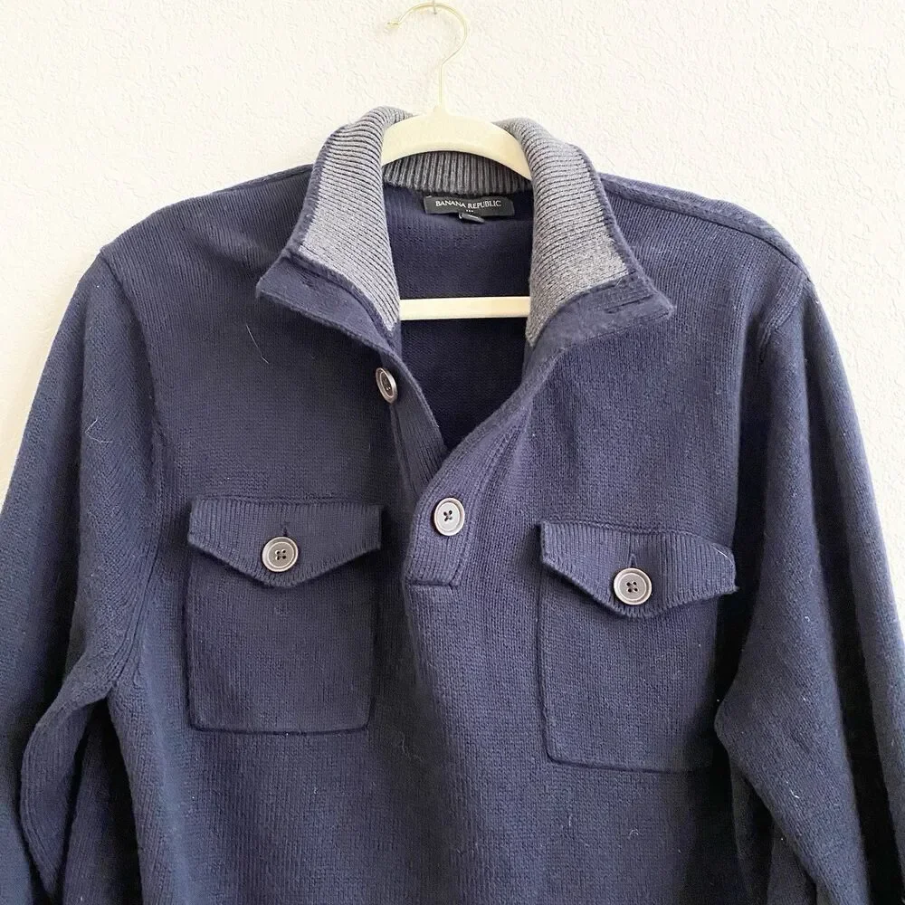 Banana Republic Sweater Men's Medium Navy Blue Button Collar‎ 100% Cotton